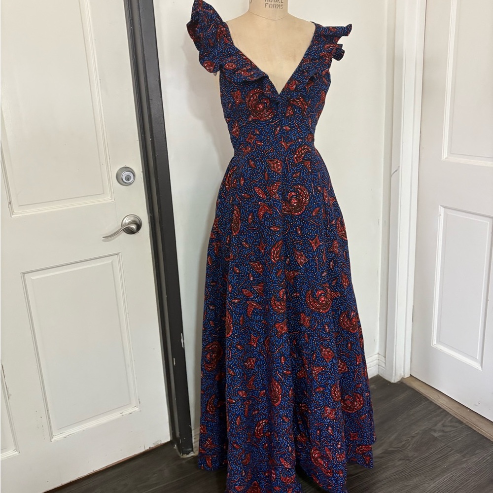 African Halter Blue Print Floral and Red Maxi Dress - Picture 4 of 9